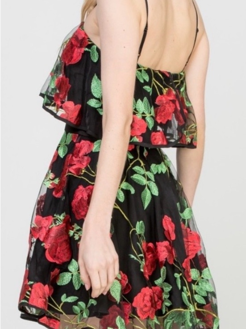 Black with red Embroidery Floral Mini Dress with adjustable straps - Picture 6 of 7